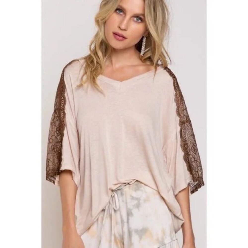 POL Beige Lace Detail Half Sleeve Oversized Tee - Picture 5 of 5